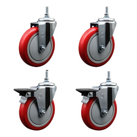 Service Caster 5 Inch Red Polyurethane 12 MM Threaded Stem Caster Set 2 Brakes SCC SCC-TS20S514-PPUB-RED-M1215-2-PLB-2